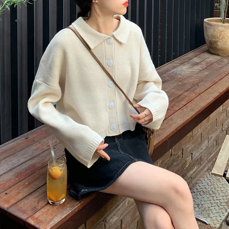 3 colors autumn solid color knit sweater womens turn down collar knitted cardigans sweater coat womens(X1073