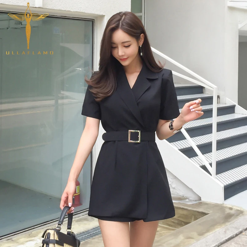 

Playsuits Commuter Fashion Black Jumpsuit Playsuit Lapel Short Sleeve Metal Belt Jumpsuit Patchwork High Street Jumpsuit Women