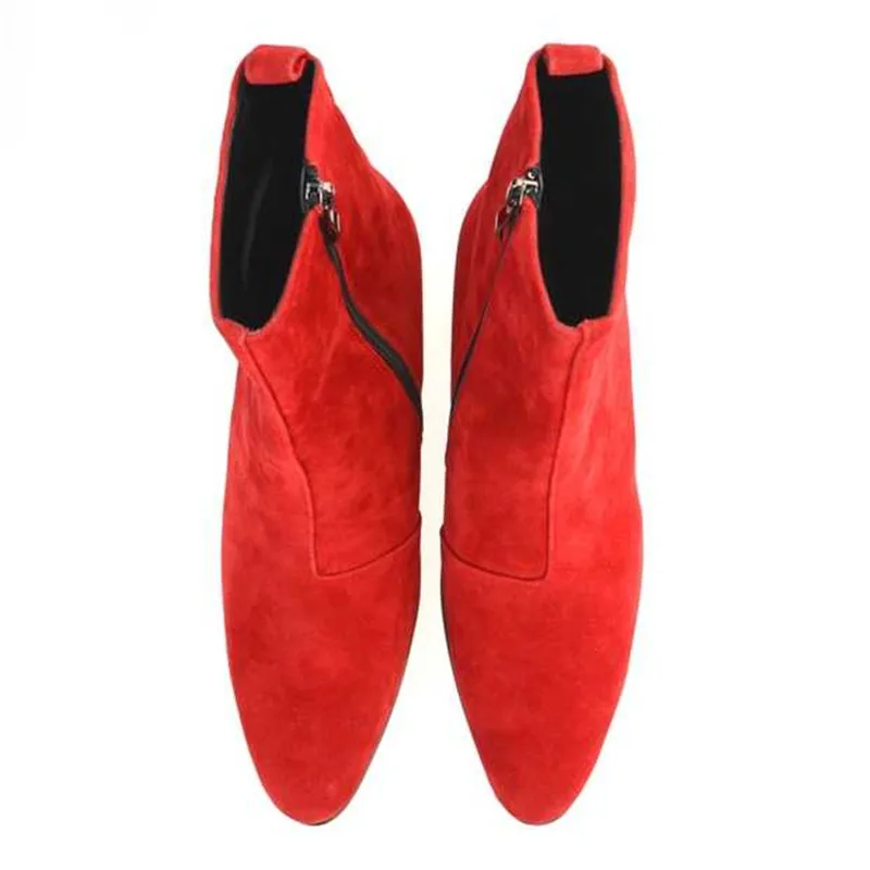 Fashion Men Ankle Boots Soft Leather Men Pointed Toe High Heels Waterproof Zipper Shoes Suede Comfortable Chelsea Boots
