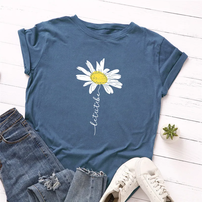 Summer S-5XL Plus Size T Shirt Women Cute Daisy Print T-Shirt 100%Cotton Women Tshirts O Neck Short Sleeve Tee Oversized Tops