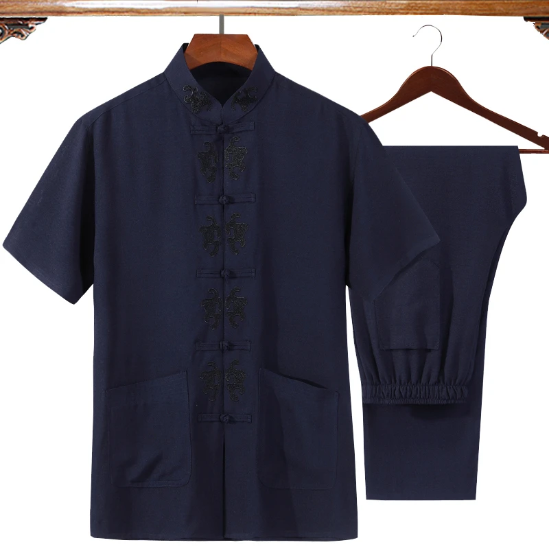navyblue 4 Высокое качество Новая китайская мужская одежда с вышивкой из хлопка и льна Wu Shu рубашка с длинными рукавами и штаны костюм Кунг фу Тай Чи - Цвет: navyblue 4