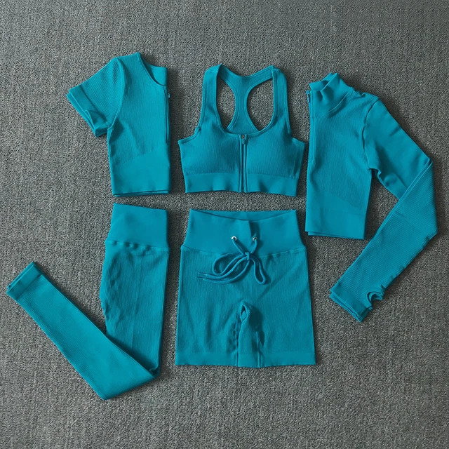 Seamless Women Yoga Set Workout Sportswear Gym Clothing Zipper Long Sleeve High Waist Leggings Fitness Bra Athletic Sports Suits 5PCSLightBlue