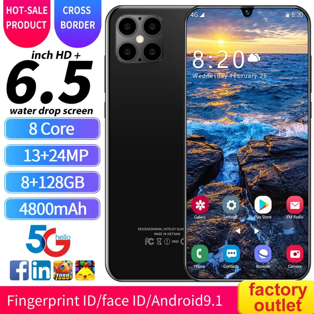 

Global Version Cellphone i12 6.5 Inch Water Drops Screen Smartphone 4800mAh Snapdragon 855 8 Core NFC Android 9.1 Mobile Phones