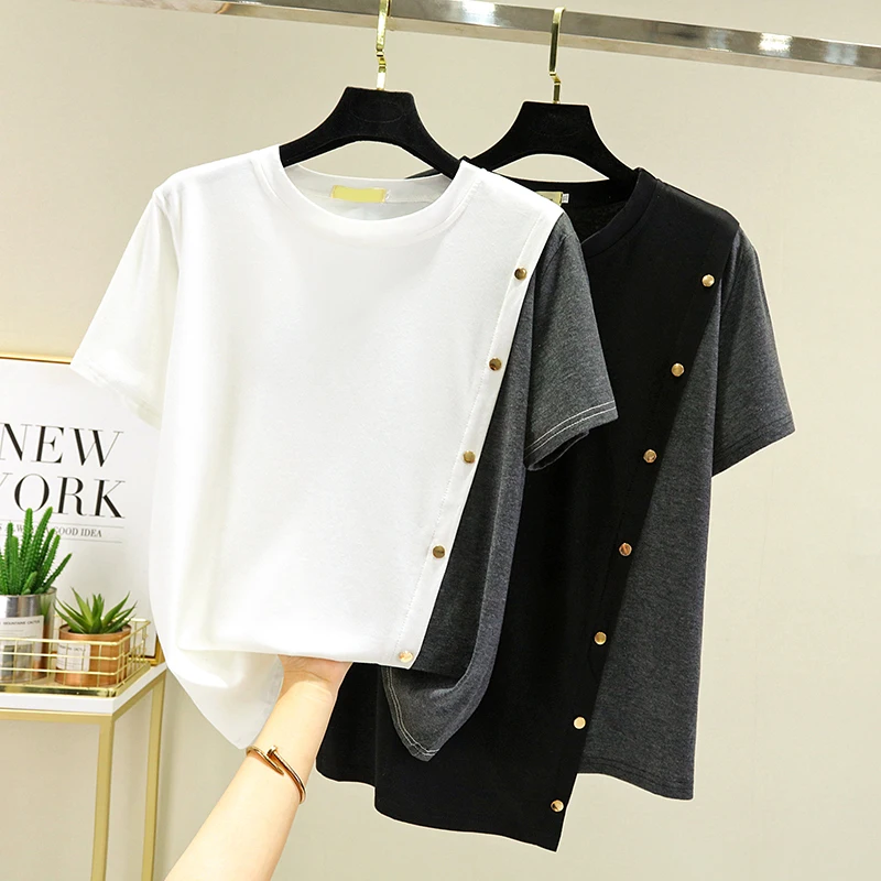 

Fashion Patchwork Irregular T-shirt Pullover Women 2021 Casual Loose Short Sleeve T-shirt Elegant Button Bottomed Tee Clothes