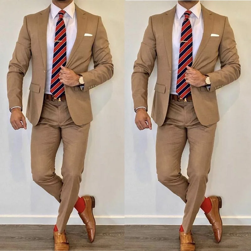 56Brown WeddingTuxedos 2019 Notche Lapel Slim Fit Back Vent Groomsmen Mens Suits 2 Piece Suit(Jacket+Pants