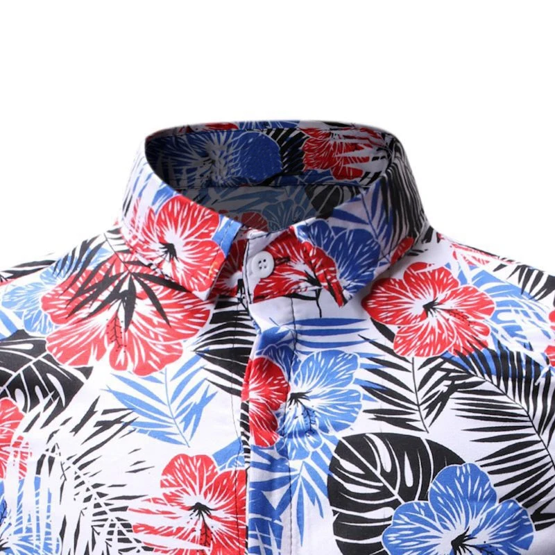 Summer Beach Hawaiian Shirt Men Floral Print Short Sleeve Shirt Fashion Loose Casual Tops Holiday Vacation Clothing Blue M
