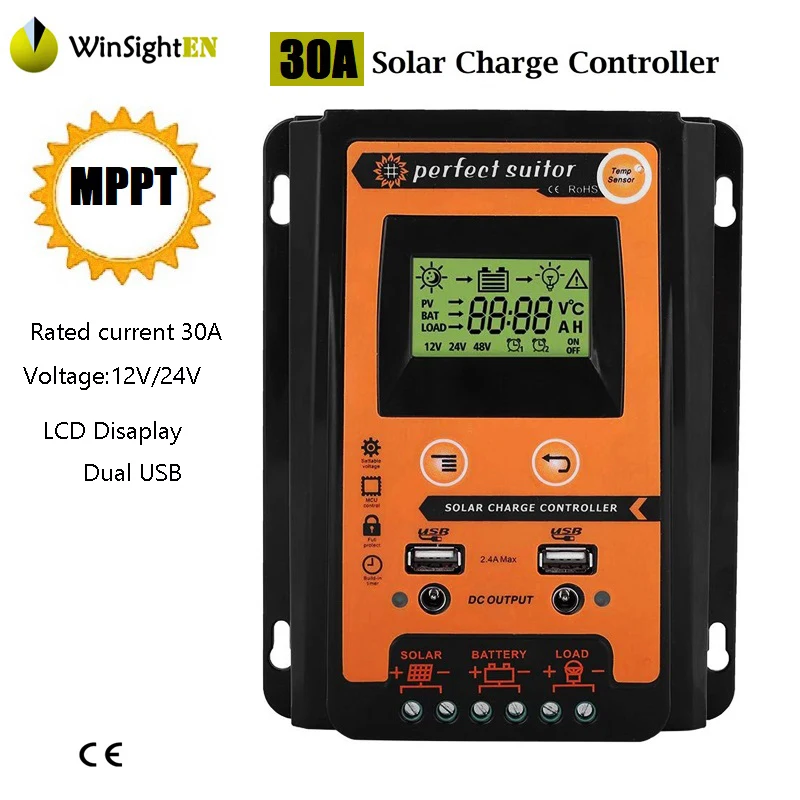 

Charge Controller MPPT Solar Controller With LCD Disaplay Dual USB 5V Solar Cell Panel Regulator PV Home 30A 12V 24V