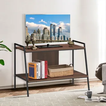 

2-Tier Simple TV Stand Delicate Wood Grain Finish Open Storage Shelves Premium Metal Frame Elegant Bedroom Storage Cabinet