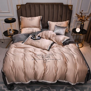 

Luxury Bedding Set Silky Duvet Cover With Flat Sheet 3/4pcs Solid Color Tencel Pink Bed Cover Set Embroidery Bed Set Queen King