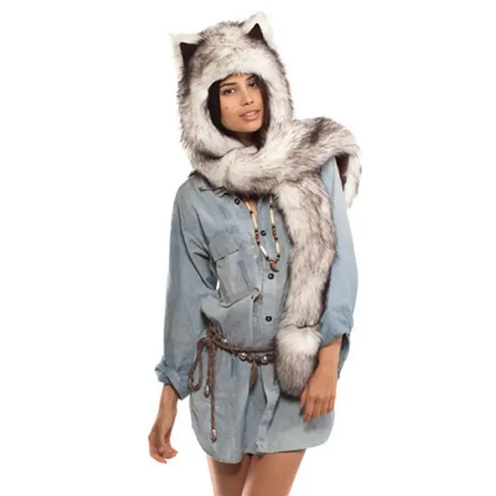 Женские Мужские Зимние Теплые повседневные однотонные, леопардовые, и т. Д. Повседневные, уличные, уличный шарф-перчатки с меховым капюшоном
