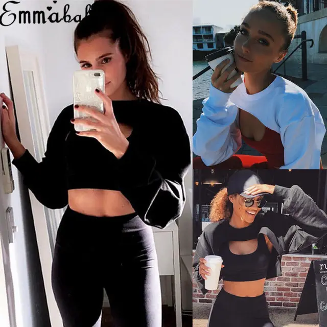 Women s Hoodie Sweatshirt Jumper Crop top Hollow out Long Sleeve Hoodie Gym Sports Pullover Streetwear