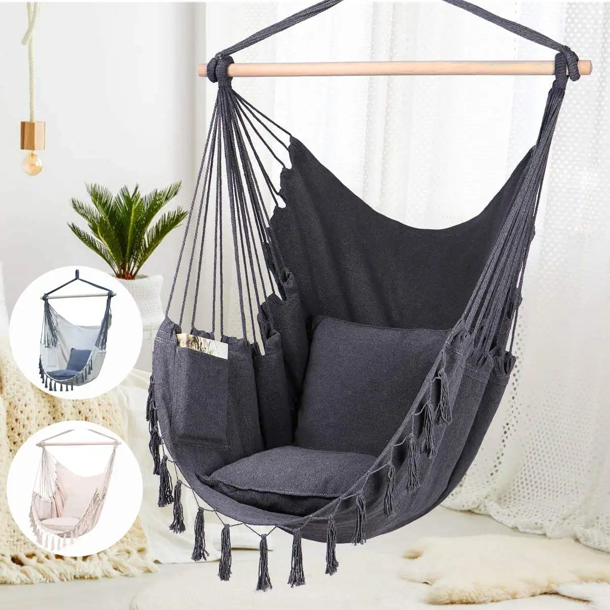 Outdoor Indoor Hanging Hammock Chair Swing Camping Garden Load 150KG With 2 X Seat Cushions