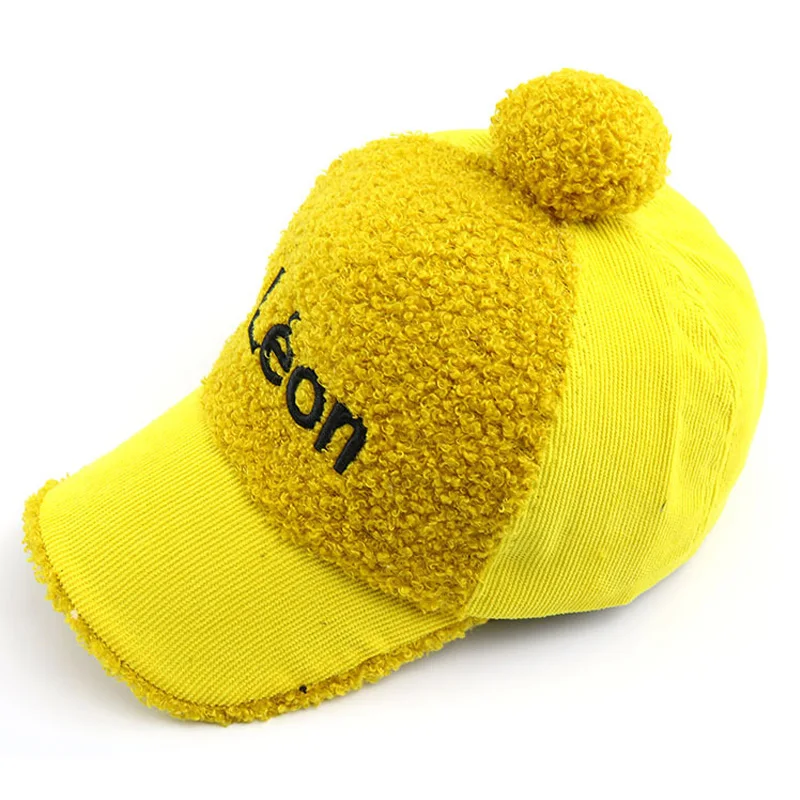 yellow LEON Детский шерстяной помпон, бейсбольная кепка со смайликом и буквенным принтом, шерстяная шапка, Осенняя детская теплая зимняя шапка s, детские зимние шапки 3-8 лет - Цвет: yellow LEON