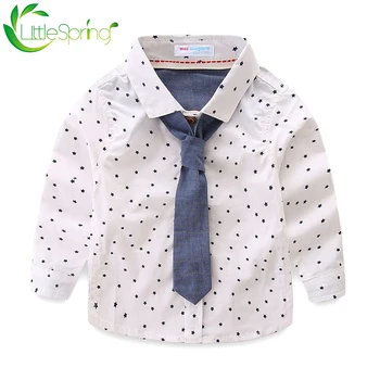 

LittleSpring Boy Shirts Star Formal White with Tie Spring Autumn Party Wedding Cotton Tops Children Clothing
