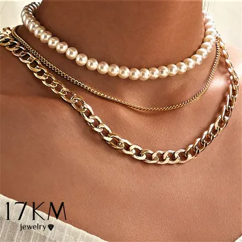 

17KM Punk Multi Layered Pearl Choker Necklace For Women Statement Female Gold Cuban Thick Chain Necklaces Collar Jewelry