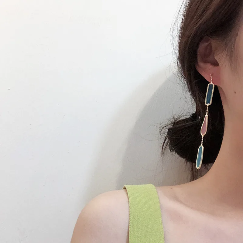 

2019 New Vintage Colorful Enamel Geometric Round Square Asymmetry Water Drop Long Drop Earrings For Women Girl Party Gift