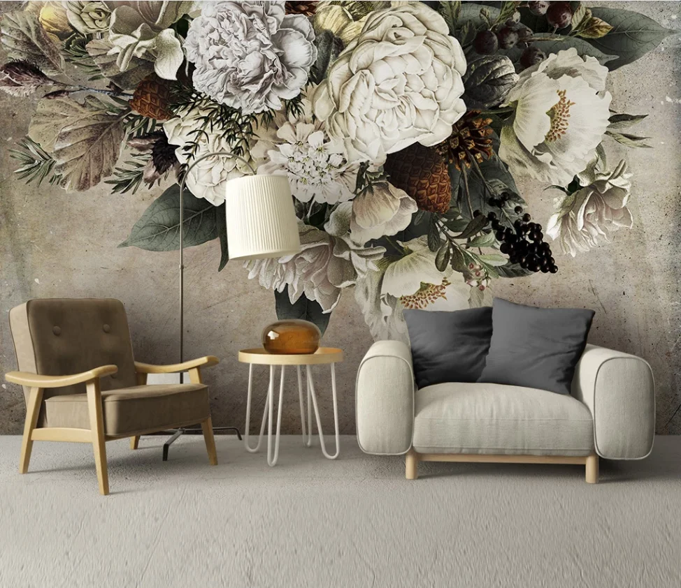 

Custom large wallpaper mural modern retro nostalgic hand-painted flower TV background wall wall covering