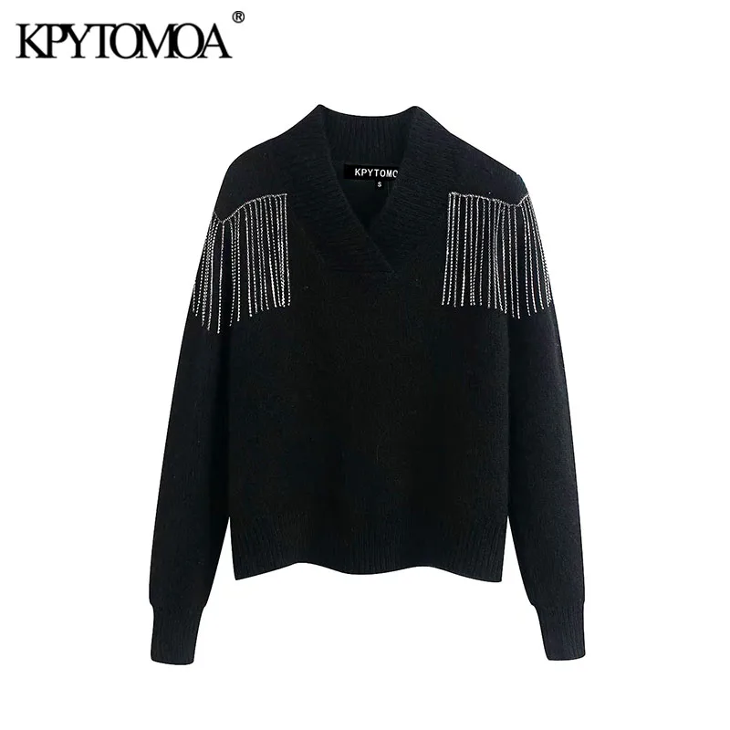 

Vintage Stylish Beaded Fringe Applique Knitted Sweater Women 2020 Fashion V Neck Long Sleeve Female Pullovers Chic Tops