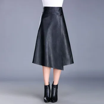 

Autumn Winter Irregular A-line Long PU Leather Skirt Female Style Wrap Buckle High Low Black Leather Flared Mid-calf Long Skirts