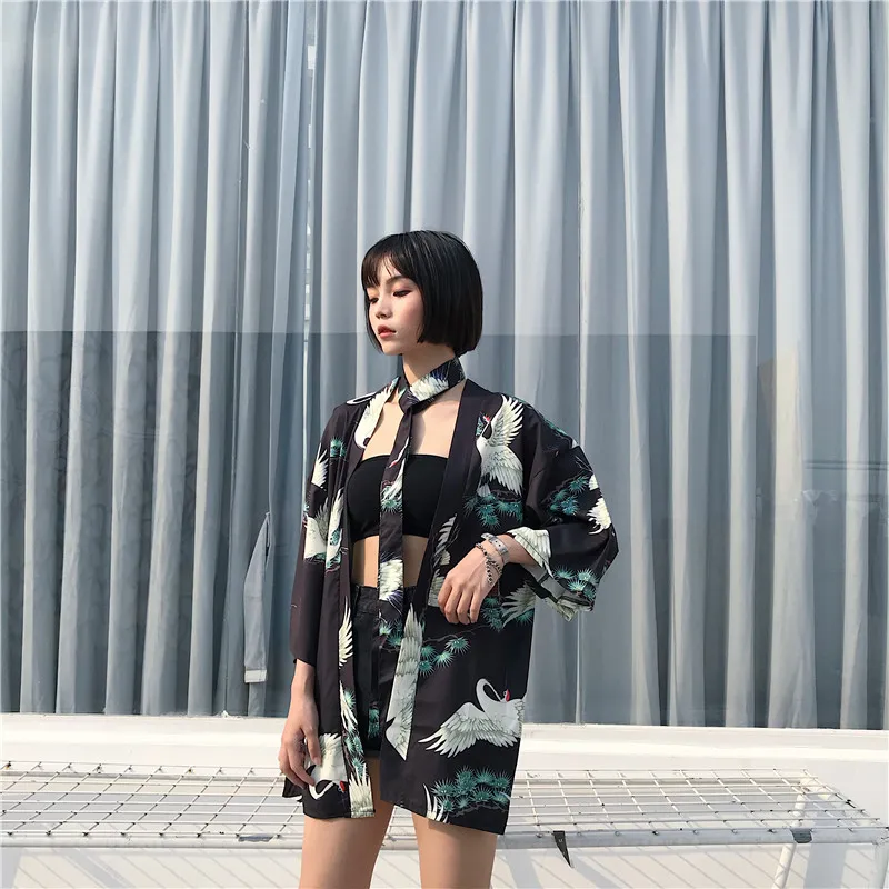 Японское кимоно Haori Yukata рубашка Женский солнцезащитный модульный кардиган кран принт Ретро традиционный шикарный пляжный костюм летняя мода
