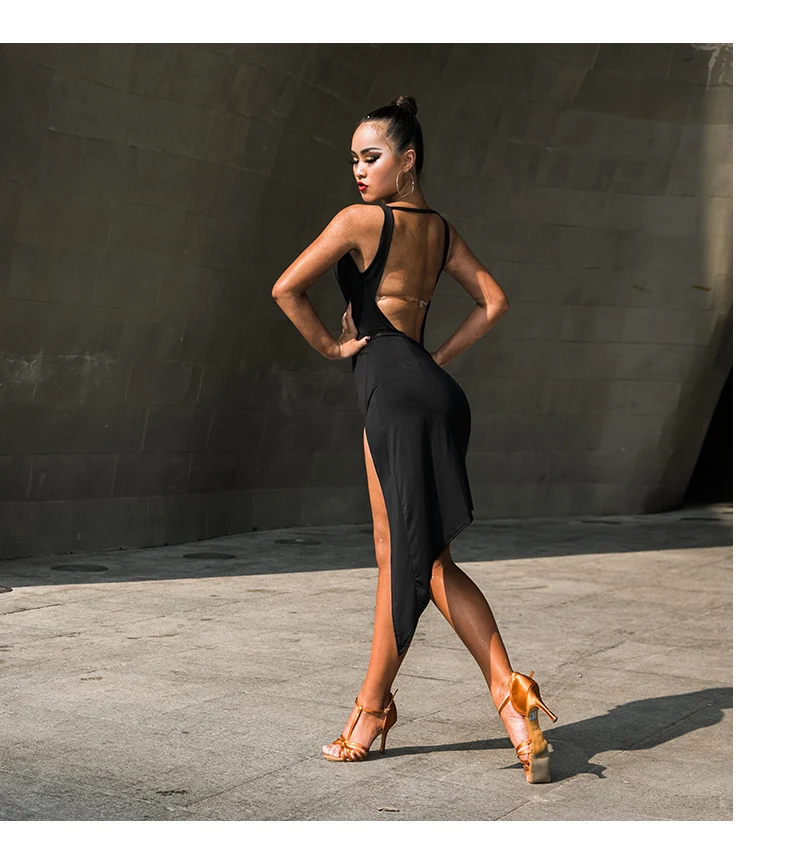 Черное сексуальное платье с открытой спиной и v-образным вырезом для латинских танцев для женщин ча/Румба/Самба/Танго/Бальные Танцевальные Юбки Костюмы для латинских танцев
