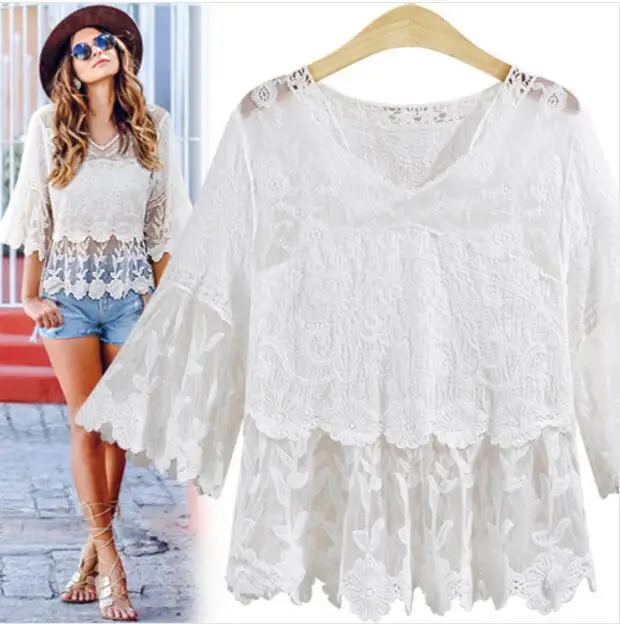 

2019 Europe And America WOMEN'S Dress Spring And Summer New Style Versitile Fashion V-neck Hollow out Joint Skirt T-shirt Blouse