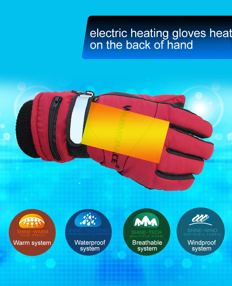 Перчатки с электрическим подогревом с перезаряжаемой литиевой батареей для катания на лыжах зимой