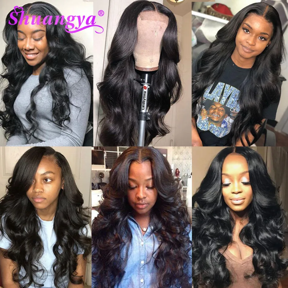 Frontal com Pacotes Onda do Corpo Pacotes com Frontal Humano com Fechamento Transparente Laço Peruano Remy Cabelo Shuangya 100% 10 Cheap Pacotes com 34 com fecho