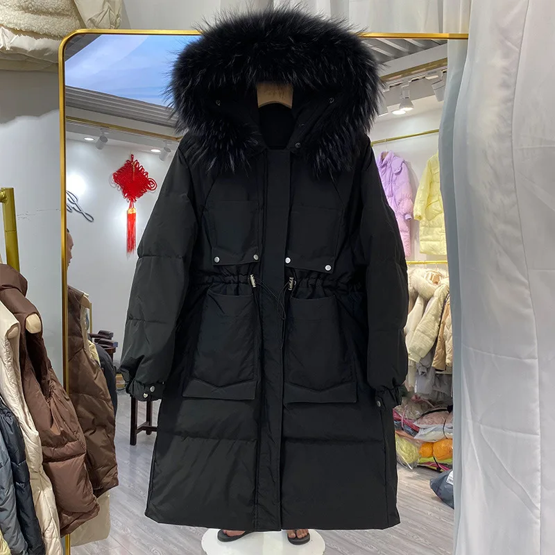

2021 Fashion women jacket 90% white duck down thickened waist big fur collar casual winter coat warm female long parkas black