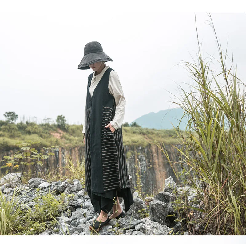 JINGRUI Autumn New Literary Women's Long Cotton and Linen Loose Cardigan Vest Coast