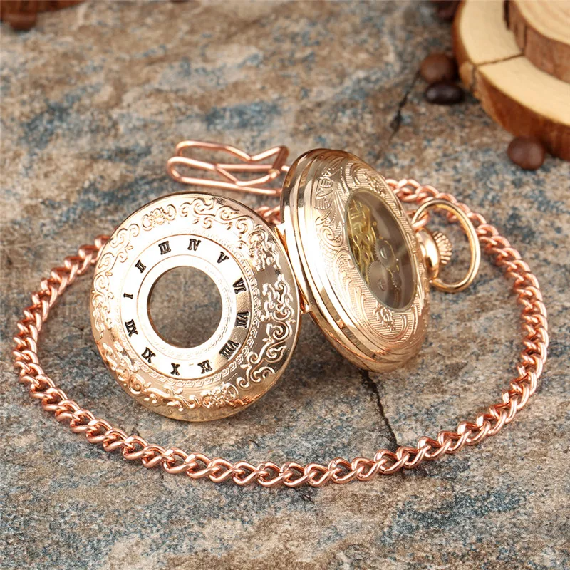 Vintage Hollow Roman Numbers Skeleton Mechanical Hand-Wind Pocket Watch with Pendant Chain Men Women Gift Rose Gold Clock Reloj