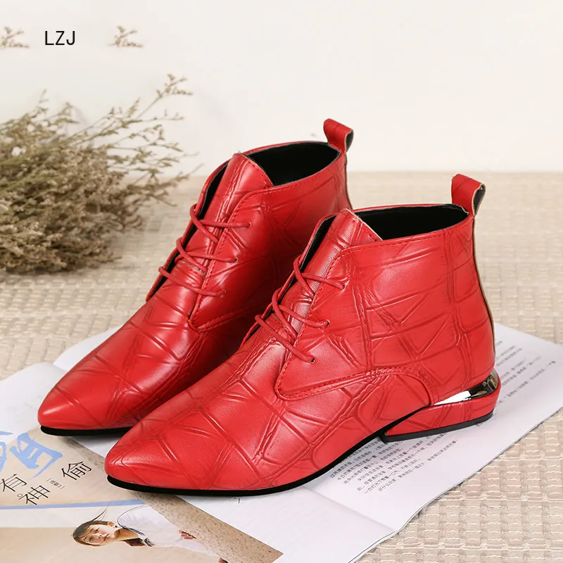 

2019 Fashion Women Boots Casual Leather Low High Heels Spring Shoes Woman Pointed Toe Rubber Ankle Boots Black Red Zapatos Mujer