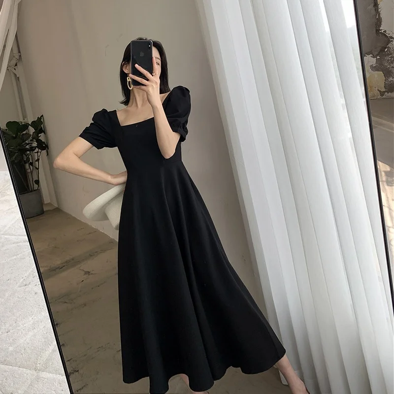 Abito nero Vintage colletto quadrato abito lungo abito estivo leggero da  donna manica corta abiti a vita alta abiti per donna 2022|Dresses| -  AliExpress