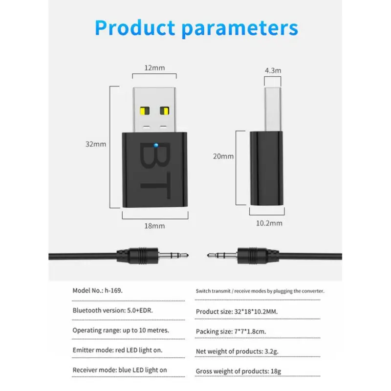 USB Bluetooth 5,0 передатчик приемник беспроводной аудио ключ AUX порт адаптер