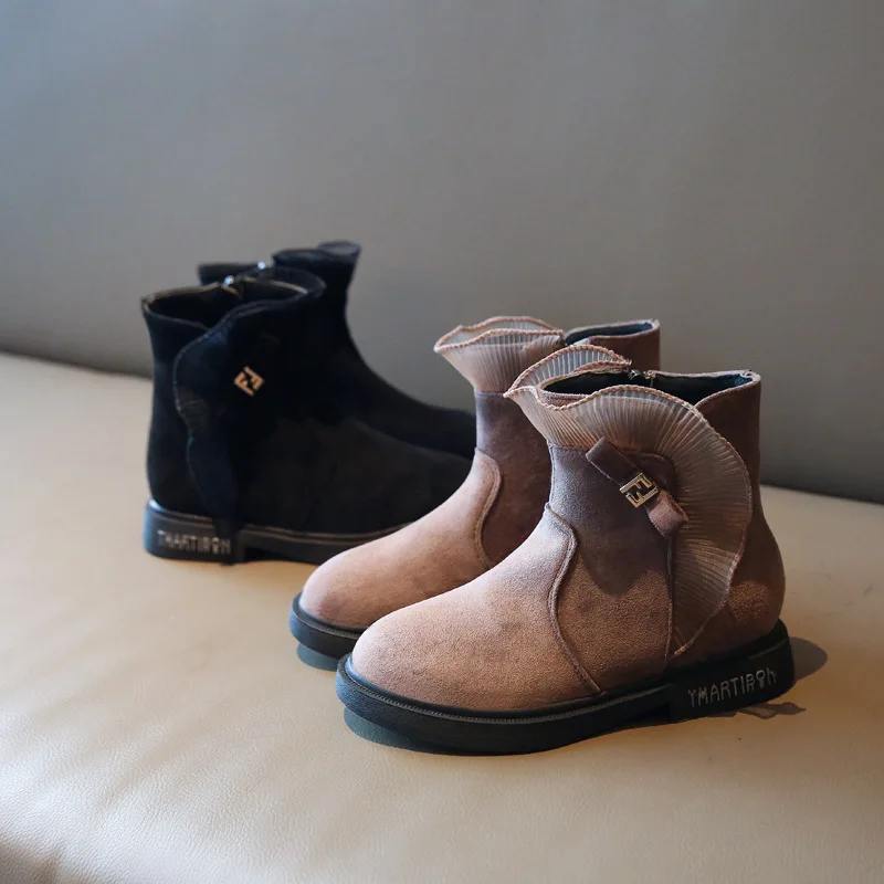 Genuine Leather Kids Martin Boots Princess Lace Trim Boots Girl Snow Shoes Warm Fur Children Ankle Boots Toddler Winter Girl