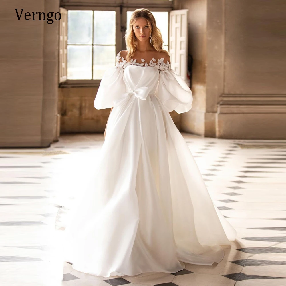Abito da sposa A Line in raso di seta bianco crema 2021 verginoso con  giacca richiudibile maniche A sbuffo abiti da sposa moderni con fiocco  frontale|Wedding Dresses| - AliExpress