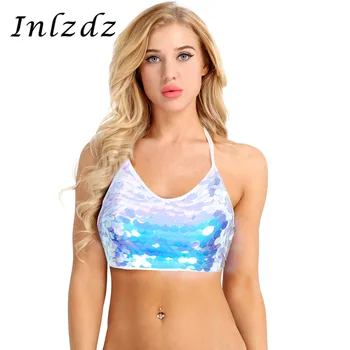 

Women's Pole Dance Rave Tank Tops Fashion Shiny Sequin Backless Sleeveless Halter Strappy Rave Crop Top Shirts Dance Festival