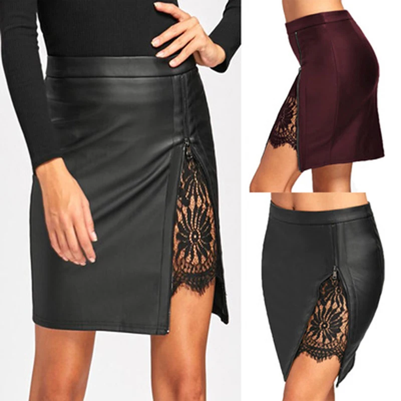 Women's Skirt Sexy Womens Skirts With Zipper Mini Skirt Short Woman Clothes PU Leather Skirts Women Lace High Waist Hip Skirt