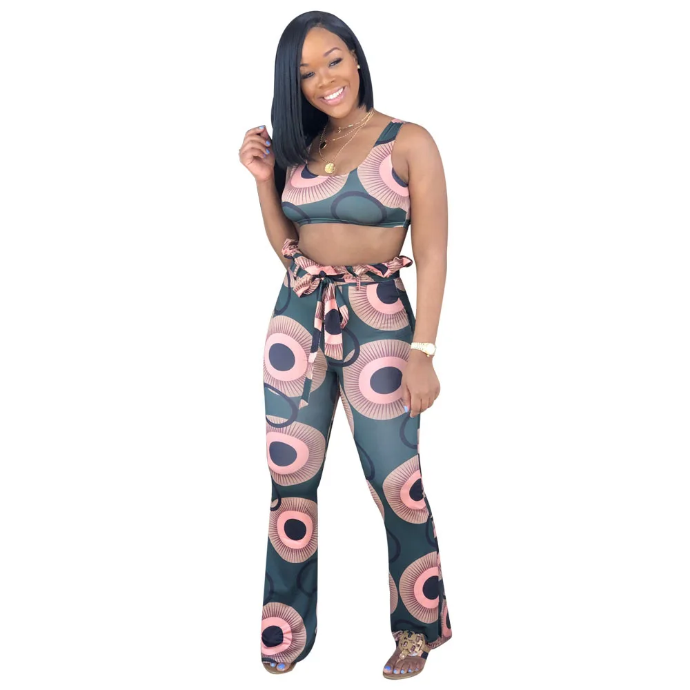 2021 New Casual Circle Print Two Piece Set Sexy O Neck Sleeveless Crop Top With Wide Leg Pants Women Lace Up Bandage Suits |