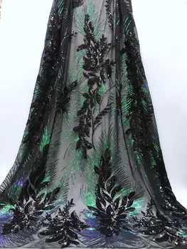 

5yards/lot Green Black Net Lace High Quality Nigerian French Sequins Lace African Lace Fabric For Party Dress Free Shipping