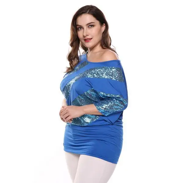 Новинка, женская футболка размера плюс L-XXL, повседневный летний пуловер с круглым вырезом и рукавом средней длины, с блестками, из кусков, эластичный, два способа, пуловер, футболка, топы