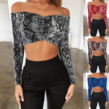 

Women Summer Sexy Off Shoulder Top Snake Skin Print Long Sleeve Summer Ladies Elegant Club Party Casual Shirt