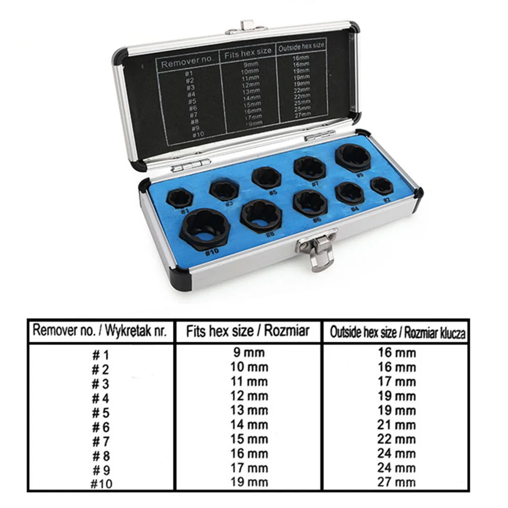 10 шт. поврежденный болт гайка винт для удаления экстрактор удаление набор удаление гаек гнездо инструмент резьба ручные инструменты комплект с коробкой