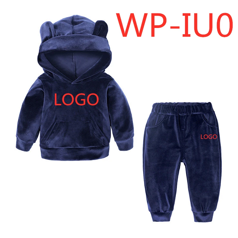 WP-IU0 комплекты детской одежды осенне-зимняя одежда для маленьких мальчиков и девочек флисовый Теплый Бархатный спортивный костюм из 2 предметов Детские Топы+ штаны - Цвет: Navy Blue