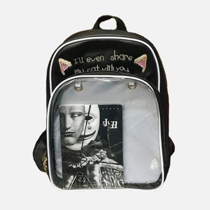 Dark Style Women Cat Backpack With Front Clear Pocket Bagpack Teenager Girls Book Bag Travel Accessories Badge Doll Ita H208 | Багаж и