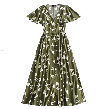 

2020 new temperament and elegant V-neck breasted printed dress with lace and thin dress