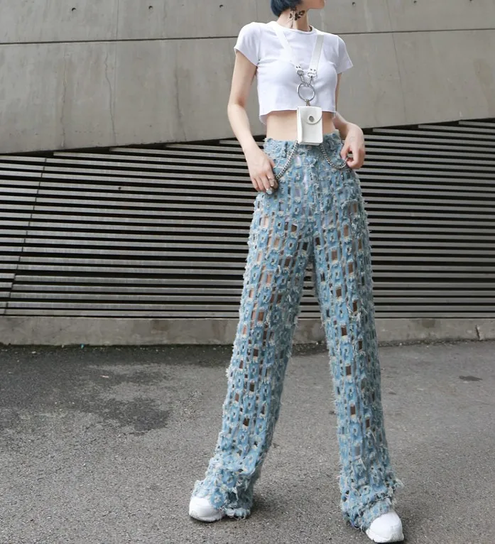 Streetwear Wide Leg Pants for Women High Waist Ripped Hole Denim Trousers Female Personality Jeans Pants Long Trousers