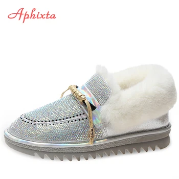 

Aphixta Luxurious Bling Crystal Warm Snow Boots Women Flats Heel Colorful Rhinestones Diamonds Winter Plush Fur Shoes Woman