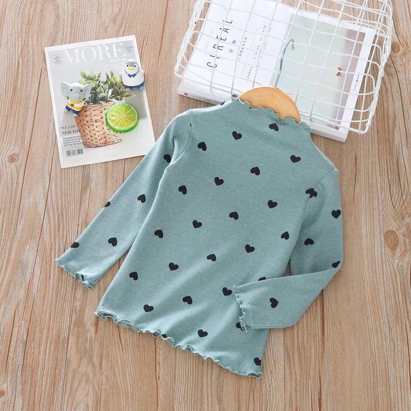 

New Girls High-Neck T-shirt Spring Autumn Toddler Girl Long Sleeve Tops Wooden Ear edge Children Girls Shirt Polk-dot Undershirt