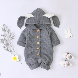 Barboteuse à capuche pour bébé de 3 à 24 mois, vêtement mignon en tricot avec motif de dessin animé lapin, nouvelle collection automne hiver 2021 
